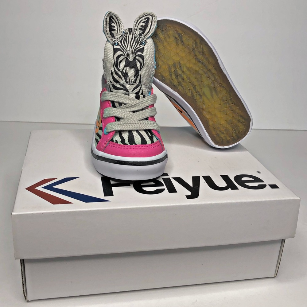 Feiyue Zebra Print High-Top Baby Walker Shoes in Pink, Gray, Black & Orange